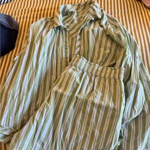 aerie Green and White Striped Button-Down Set. Shirt and shorts